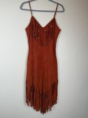 1970s Samir Rust Brown Faux Suede Beaded Fringed Boho Vintage 70s Dress